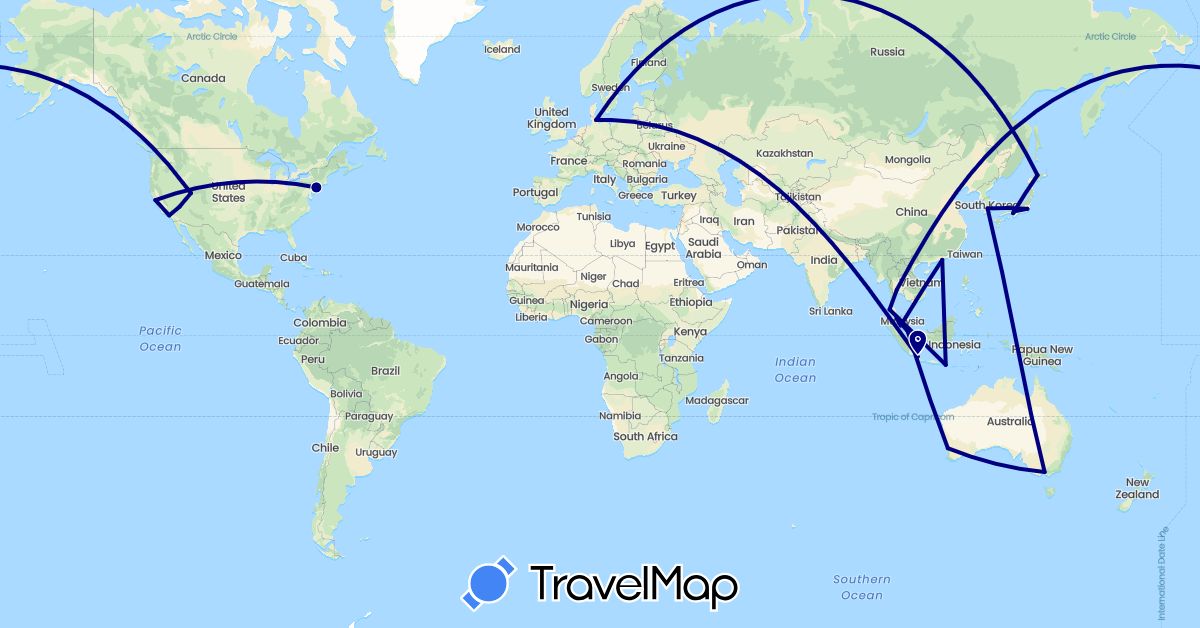 TravelMap itinerary: driving in Australia, China, Germany, Indonesia, Japan, South Korea, Malaysia, Singapore, Thailand, United States (Asia, Europe, North America, Oceania)